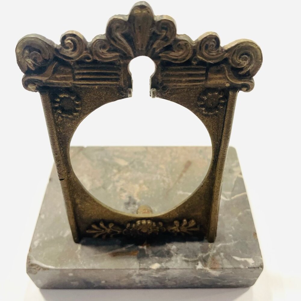 French Folk Art Bronze Pocket Watch Fob On Gray Marble Stand